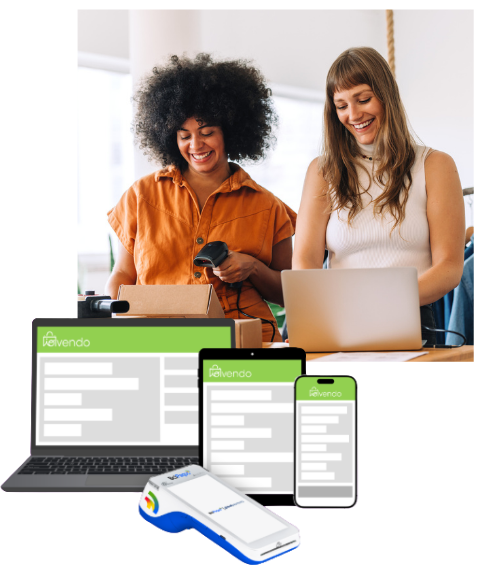 Dos mujeres trabajando en un software punto de venta, con un computador y una pistola de lector de barras