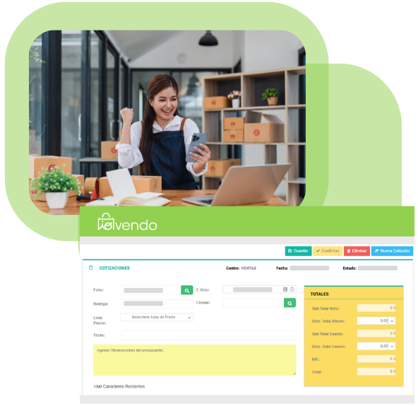 Mujer sonriendo mientras ve su teléfono y trabaja en los presupuestos convertibles del software punto de venta ioVendo