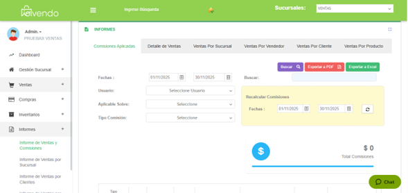 interfaz de ioVendo para el módulo de informes