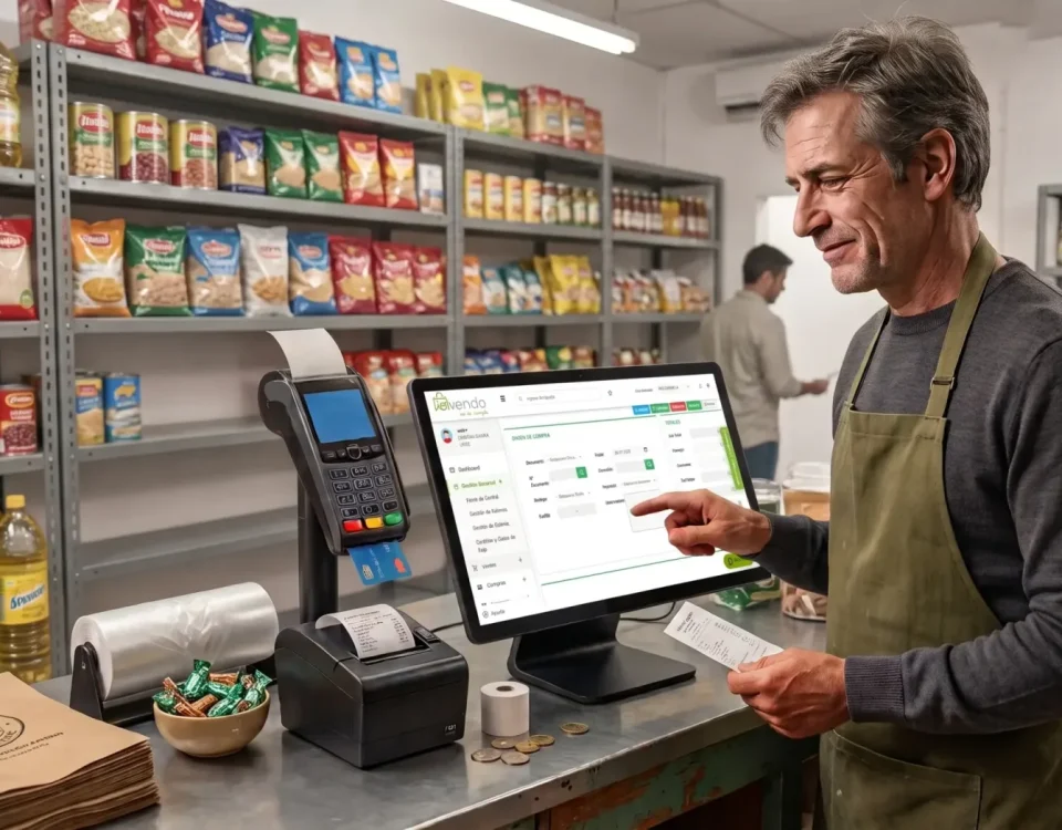 Comerciante con delantal operando la pantalla de un sistema POS en la caja de un minimarket para gestionar la rotación de inventario.