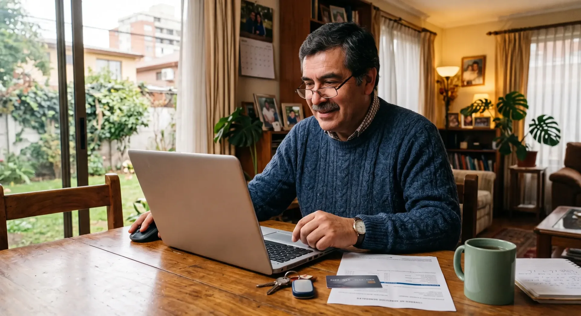 Hombre en su computador portátil registrando una orden de venta, con una tarjeta bancaria y un documento sobre la mesa.