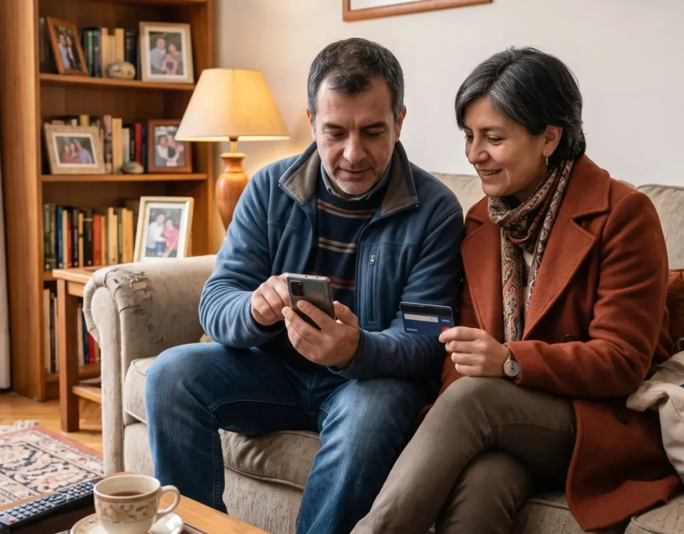 Pareja en el sofá usando un celular y tarjeta bancaria para registrar una orden de venta y evitar pagar IVA de más.