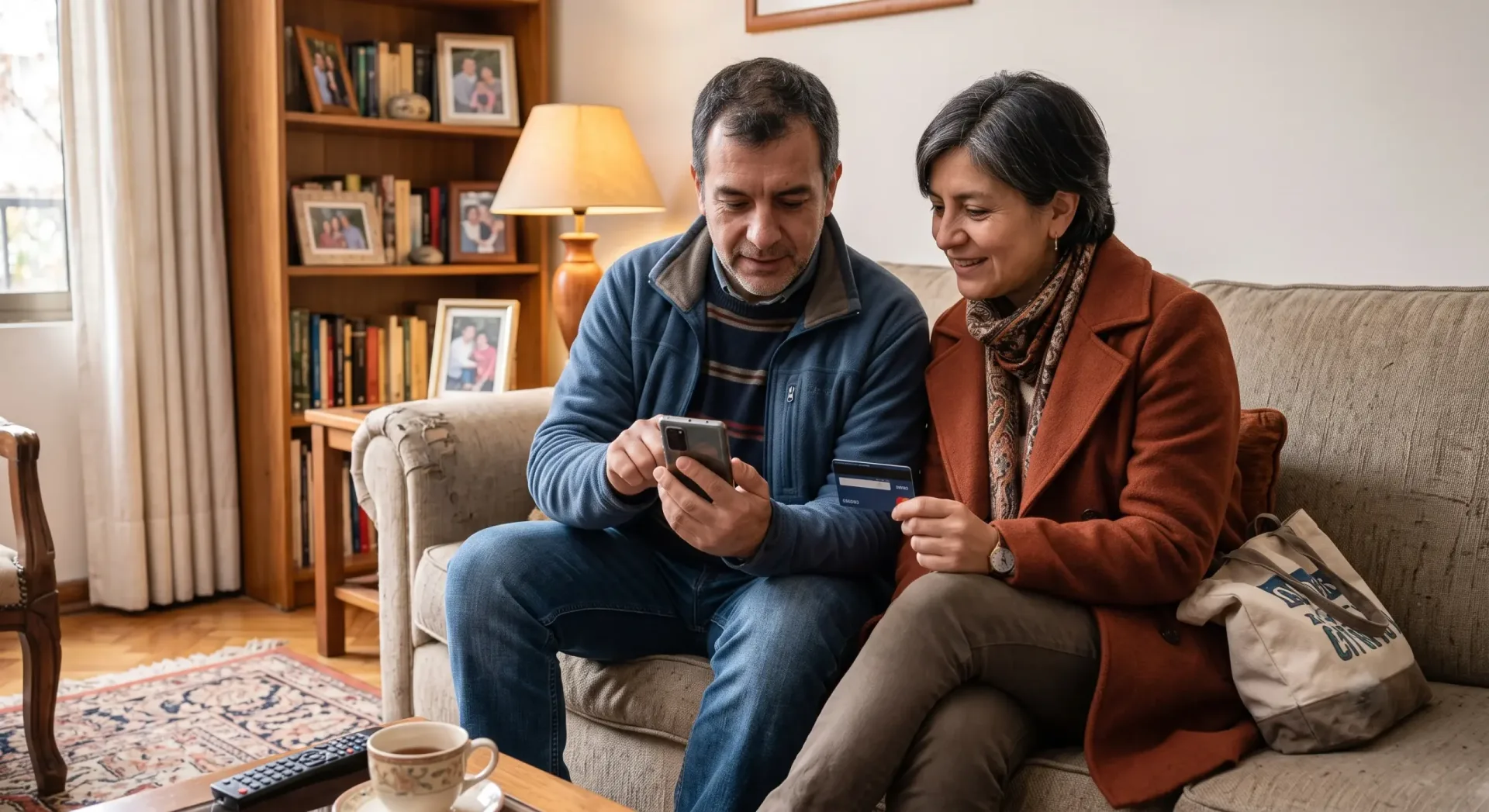 Pareja en el sofá usando un celular y tarjeta bancaria para registrar una orden de venta y evitar pagar IVA de más.