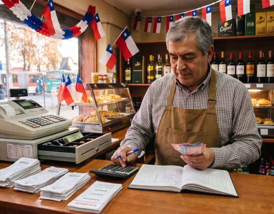 Comerciante en Chile contando efectivo en el mostrador de un almacén.