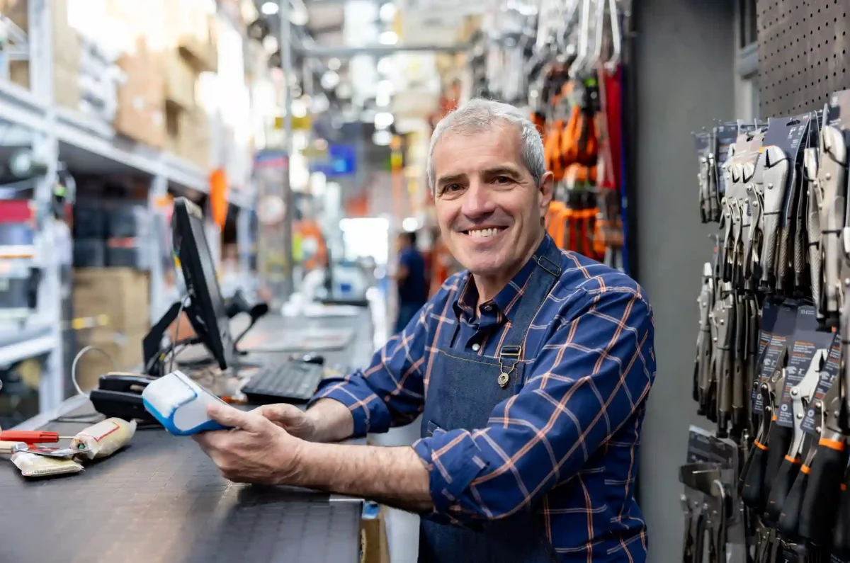 hombre feliz trabajando con un software de punto de venta online