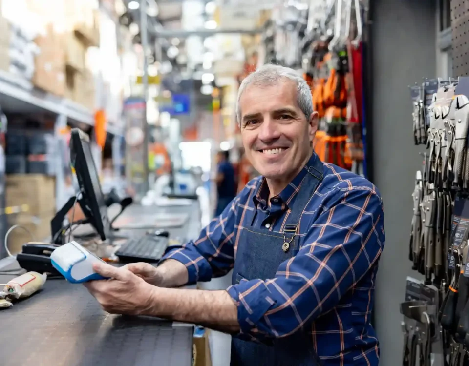 hombre feliz trabajando con un software de punto de venta online